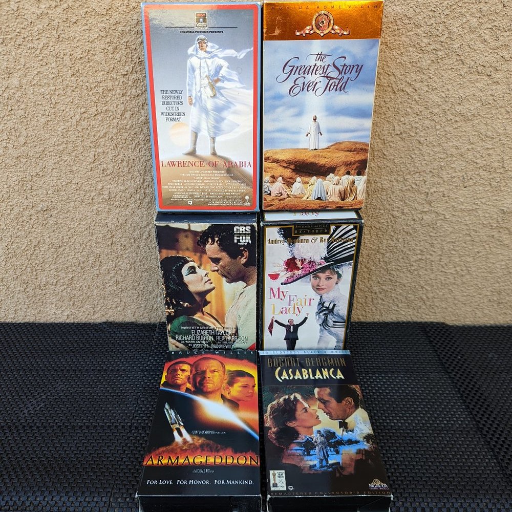 6 VHS MOVIES My Fair Lady, Casablanca, Armgeddon, The GR8st Story Ever Told